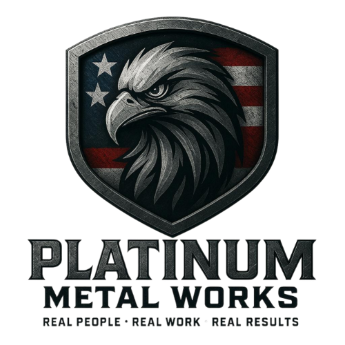 A metallic shield logo with an eagle head and American flag background, above the text Platinum Metal Works. Below, it reads Real People • Real Work • Real Results.