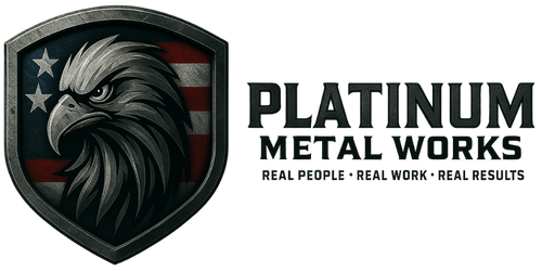 A metallic shield logo with an eagle head and American flag background, above the text Platinum Metal Works. Below, it reads Real People • Real Work • Real Results.
